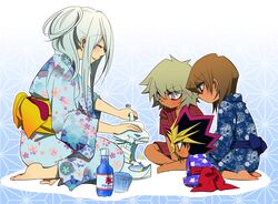  922teruteru atem barefoot blue_hair child closed_eyes japanese_clothes kisara long_hair priest_seto shaved_ice sitting smile tan thief_king_bakura yuu-gi-ou yuu-gi-ou_duel_monsters 