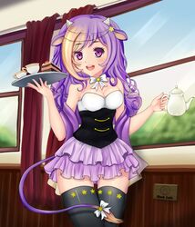  1girl animal_ears black_legwear blonde_hair blush cafe cake cow_ears cow_tail curly_hair dress food hair_ornament highres horns long_hair maid multicolored_hair open_mouth original purple_eyes purple_hair ribbon smile solo star tail tail_ribbon thighhighs waitress window 