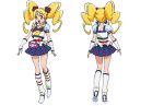  2girls :d blonde_hair boots cure_honey dual_persona earrings hair_ornament hairpin happinesscharge_precure! jewelry knee_boots long_hair magical_girl multiple_girls official_art oomori_yuuko open_mouth payot popcorn_cheer precure puffy_sleeves skirt smile twintails white_background wrist_cuffs yellow_eyes 