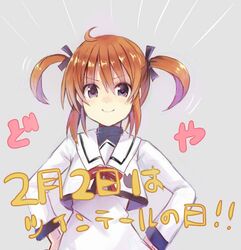  1girl brown_hair hands_on_hips long_sleeves lowres lyrical_nanoha mahou_shoujo_lyrical_nanoha mahou_shoujo_lyrical_nanoha_a&#039;s pandamocomoco school_uniform short_twintails smile solo takamachi_nanoha twintails violet_eyes 