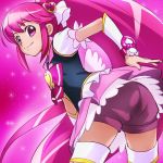  1girl aino_megumi cure_lovely happinesscharge_precure! haruyama_kazunori heart long_hair looking_at_viewer magical_girl pink_background pink_eyes pink_hair ponytail precure shorts smile solo thighhighs very_long_hair 