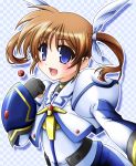  1girl absurdres bad_id blue_eyes bow brown_hair bust checkered checkered_background female gloves hair_bow highres jewelry long_hair lyrical_nanoha magical_girl mahou_shoujo_lyrical_nanoha_strikers open_mouth pi-bow puffy_sleeves raising_heart solo takamachi_nanoha twintails 