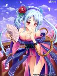  1girl blue_hair blue_sky braid breasts bridge brown_hair cherry_blossoms chinese_clothes cleavage fan flower hair_flower hair_ornament highres kirisaki_megumi petals rope shimenawa sky 