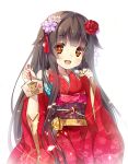  1girl :d ema flower furisode hair_flower hair_ornament japanese_clothes kimono long_hair miwabe_sakura new_year open_mouth original red_eyes simple_background smile solo white_background 