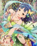  1girl blue_hair bracelet butterfly_hair_ornament earrings hair_ornament idolmaster idolmaster_million_live! jewelry leaf looking_at_viewer nanao_yuriko official_art short_hair smile yellow_eyes 