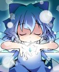  1girl blue_hair blush bow cirno closed_eyes dress hair_bow ham_(points) ice ice_wings open_mouth short_hair solo touhou wings 