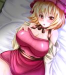  1girl aki_minoriko blonde_hair blush breasts cleavage ebi_193 hat large_breasts looking_at_viewer open_mouth red_eyes ribbed_sweater short_hair solo sweater touhou 