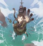  1girl bangs black_hair blunt_bangs blush braid brown_hair cannon highres hime_cut kantai_collection kitakami_(kantai_collection) long_hair looking_up ocean open_mouth payot personification pleated_skirt red_eyes revision school_uniform serafuku shihou_(g-o-s) skirt torpedo tube turret water_drop 