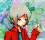  1boy al_ree butterfly holding looking_away lowres male n&#039;oubliez_jamais plant red_shirt silver_hair solo 