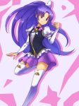  1girl arm_warmers cure_fortune dress happinesscharge_precure! hikawa_iona leikangmin long_hair magical_girl necktie ponytail precure purple_dress purple_hair skirt smile solo thighhighs violet_eyes white_legwear 