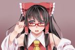  1girl adjusting_glasses armpits ascot bare_shoulders bespectacled black_hair bow brown_eyes bust detached_sleeves dress glasses grey_background hair_bow hair_tubes hakurei_reimu looking_at_viewer nomu open_mouth red-framed_glasses red_dress simple_background solo touhou 