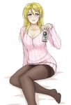  1girl adult alcohol ayase_eli beer blonde_hair blue_eyes blush breasts cleavage earrings hair_ornament highres jewelry love_live!_school_idol_project pantyhose pas_(paxiti) solo sweater 