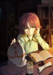 1girl ahoge book bookshelf chair chin_rest egg feathers flower glass highres inkwell long_hair long_sleeves mouth_hold orange_hair original quill sitting smile u_nagi yellow_eyes 