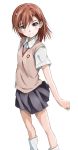  1girl blush brown_eyes brown_hair hair_ornament hairpin highres kem_kem looking_at_viewer misaka_mikoto school_uniform short_hair skirt socks solo sweater_vest to_aru_kagaku_no_railgun to_aru_majutsu_no_index white_legwear 