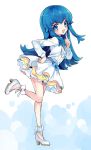  1girl blue_eyes blue_hair blush dress happinesscharge_precure! leg_lift long_hair open_mouth precure shirayuki_hime smile solo yukiwo 