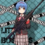  1girl anti-materiel_rifle barrett_m82 blue_hair gun hairband jiang-ge little_busters!! nishizono_mio red_eyes rifle school_uniform short_hair sniper_rifle weapon 