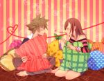  1boy 1girl barefoot blue_eyes blush bracelet brown_hair closed_eyes guti-guti jewelry kairi kingdom_hearts necklace pillow pocky redhead sora_(kingdom_hearts) 