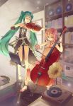  2girls blonde_hair choker closed_eyes dress gloves green_eyes green_hair hatsune_miku highres instrument jewelry kagamine_rin lascalis long_hair multiple_girls necklace playing_instrument short_hair sitting twintails very_long_hair violin vocaloid 