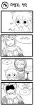  4koma animal_ears armor ashe_(league_of_legends) cape clenched_hand comic fake_mustache green_dew greyscale hat helmet highres hood horn korean league_of_legends long_hair lulu_(league_of_legends) monochrome pointy_ears santa_costume santa_hat sejuani shaded_face translation_request white_hair yordle 