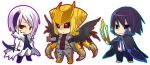  :&lt; absol alternate_form black_sclera blonde_hair blue_eyes blue_hair bodysuit boots chibi coat empoleon fur_trim giratina headwear_removed hitec multicolored_hair outline personification pokemon red_eyes ribbon simple_background smile standing two-tone_hair weapon white_background white_hair wings 