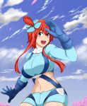  1girl blue_eyes breasts fuuro_(pokemon) gloves highres large_breasts maki_ikazuya midriff navel open_mouth pokemon redhead smile solo 