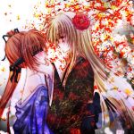  2girls autumn_leaves bare_shoulders blindfold blonde_hair blush branch brown_hair fate_testarossa finger_in_mouth flower flower_on_head hachikei hand_on_another&#039;s_cheek hand_on_another&#039;s_face japanese_clothes kimono leaf long_hair long_sleeves looking_at_another lyrical_nanoha mahou_shoujo_lyrical_nanoha_strikers multiple_girls no_mouth off_shoulder payot ponytail red_eyes takamachi_nanoha tree yuri 