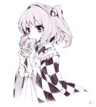  1girl apron bell blush book checkered clothes_writing hair_bell hair_ornament japanese_clothes jingle_bell long_sleeves looking_at_viewer monochrome motoori_kosuzu short_hair simple_background smile solo suzume_miku touhou twintails white_background wide_sleeves 