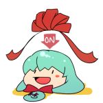  blush_stickers character_request directional_arrow english green_hair hitec looking_up lowres open_mouth ribbon solo tagme touhou yukkuri_shiteitte_ne |_| 