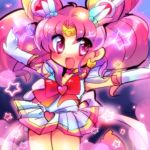  1girl :d bishoujo_senshi_sailor_moon bow brooch chibi_usa double_bun elbow_gloves gloves hair_ornament hairpin heart jewelry magical_girl nomeshi open_mouth outstretched_arms pink_eyes pink_hair purple_background ribbon sailor_chibi_moon sailor_collar short_hair skirt smile solo spread_arms star super_sailor_chibi_moon tiara twintails white_gloves 