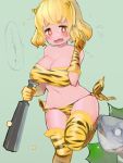  1girl bandeau bean blonde_hair blush breasts cleavage club fang fish_head gloves highres horns large_breasts navel oni original red_eyes setsubun short_hair solo standing_on_one_leg tamatama_(nekokalpis) tears thighhighs tiger_print weapon 