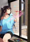  1girl black_hair butterfly highres long_hair original samurai10932 shorts sitting smile solo twintails window yellow_eyes 