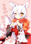  1girl absurdres animal_ears bell black_legwear blush bridal_gauntlets detached_sleeves dress highres inubashiri_momiji kaenuco leaf long_sleeves no_hat obi sash scarf silver_hair smile solo tail thighhighs touhou wide_sleeves wink wolf_ears wolf_tail yellow_eyes zettai_ryouiki 