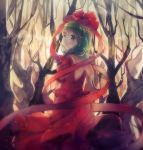  1girl back bow front_ponytail green_eyes green_hair hair_bow hair_ornament hair_ribbon kagiyama_hina long_hair looking_at_viewer looking_back lowres namie-kun nature puffy_sleeves ribbon shirt short_sleeves skirt skirt_set solo touhou tree vest 