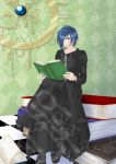  1boy asikapanda blue_eyes blue_hair book cloak hair_over_one_eye kingdom_hearts reading sitting solo zexion 