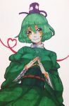  1girl green_eyes green_hair hands_together hat heart heart_of_string seastar smile soga_no_tojiko touhou wide_sleeves 