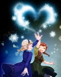  2girls anna_(frozen) blonde_hair braid closed_eyes dress elsa_(frozen) frozen_(disney) green_eyes hairband heart high_five highres multiple_girls redhead siblings sicon sisters snowflakes twin_braids wink younger 
