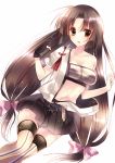  1girl :d bandeau breasts brown_eyes brown_hair brown_legwear fingerless_gloves gloves highres kantai_collection open_clothes open_mouth open_shirt shirt shouhou_(kantai_collection) skirt smile striped striped_legwear thighhighs type_(artist) vertical-striped_legwear vertical_stripes 