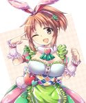  1girl abe_nana animal_ears bow brown_eyes brown_hair colored dress gagaga hair_bow hair_ribbon idolmaster idolmaster_cinderella_girls ponytail rabbit_ears ribbon short_hair solo wink 