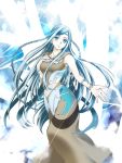  1girl blue_eyes breasts dress duel_monster hand_on_own_chest headband long_hair maiden_with_eyes_of_blue silver_hair smile solo very_long_hair yuu-gi-ou 
