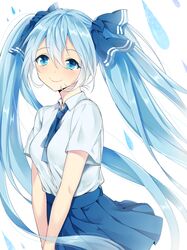  1girl apfl0515 blue_eyes blue_hair hatsune_miku highres long_hair necktie skirt smile solo twintails very_long_hair vocaloid 