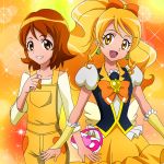  2girls blonde_hair bow bowtie brown_eyes brown_hair cure_honey dress dual_persona earrings frills hair_bow happinesscharge_precure! jewelry long_hair magical_girl masako_(sabotage-mode) multiple_girls oomori_yuuko orange_background overalls precure puffy_sleeves shirt short_hair skirt smile sparkle wrist_cuffs yellow_dress yellow_eyes 