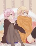  2boys alois_trancy black_legwear blonde_hair blue_eyes crossover grey_eyes kuroshitsuji male mikado_nagi multiple_boys pantyhose pink_hair short_hair shorts sweater thighhighs trap uta_no_prince-sama uta_no_prince-sama_maji_love_2000_percent 