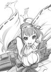  1girl ahoge arms_up breasts cleavage hairband japanese_clothes kantai_collection kongou_(kantai_collection) large_breasts long_hair monochrome open_mouth personification smile solo ueyama_michirou 