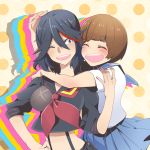  2girls black_hair brown_hair closed_eyes hug kill_la_kill mankanshoku_mako matoi_ryuuko midriff multiple_girls rasikiti school_uniform senketsu serafuku short_hair skirt smile suspenders wink 