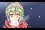  1girl blush breath eating food green_hair hat nikuman original red_eyes shawl short_hair snow solo steam takanashi_sora_(soramyon) 