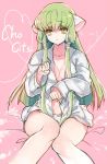  1girl breasts c.c. chii chii_(cosplay) chobits code_geass cosplay creayus green_hair hair_tubes long_hair looking_at_viewer open_clothes panties paw_pose shiny shiny_skin shirt solo underwear white_panties white_shirt yellow_eyes 