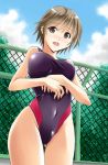  1girl brown_eyes brown_hair chain-link_fence competition_swimsuit girlfriend_(kari) highres kubota_yuki one-piece_swimsuit short_hair solo swimsuit yamada_(fanfantaisa) 