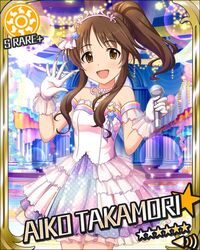  1girl bare_shoulders brown_eyes brown_hair character_name dress happy idolmaster idolmaster_cinderella_girls long_hair microphone open_mouth ponytail stars takamori_aiko 