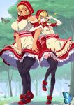  2girls apron arm_hug basket black_legwear blonde_hair blue_eyes blush bow brown_eyes butterfly cosplay dark_skin dress dress_tug forest garter_straps hood little_red_riding_hood little_red_riding_hood_(cosplay) little_red_riding_hood_(grimm) long_hair master_of_epic mikuru_beam multiple_girls muscle nature open_mouth outdoors petticoat red_dress ribbon senzoc shoes side-by-side smile standing thigh-highs wink 