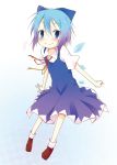  1girl blue_eyes blue_hair bow cirno gradient_hair hair_bow highres ice ice_wings ichihina lavender_hair multicolored_hair musical_note petite short_hair solo touhou white_background wings 